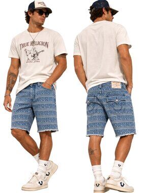 True Religion Ricky Ikat Flap Pocket Denim Short Men 42 Blue Monogram Streetwear